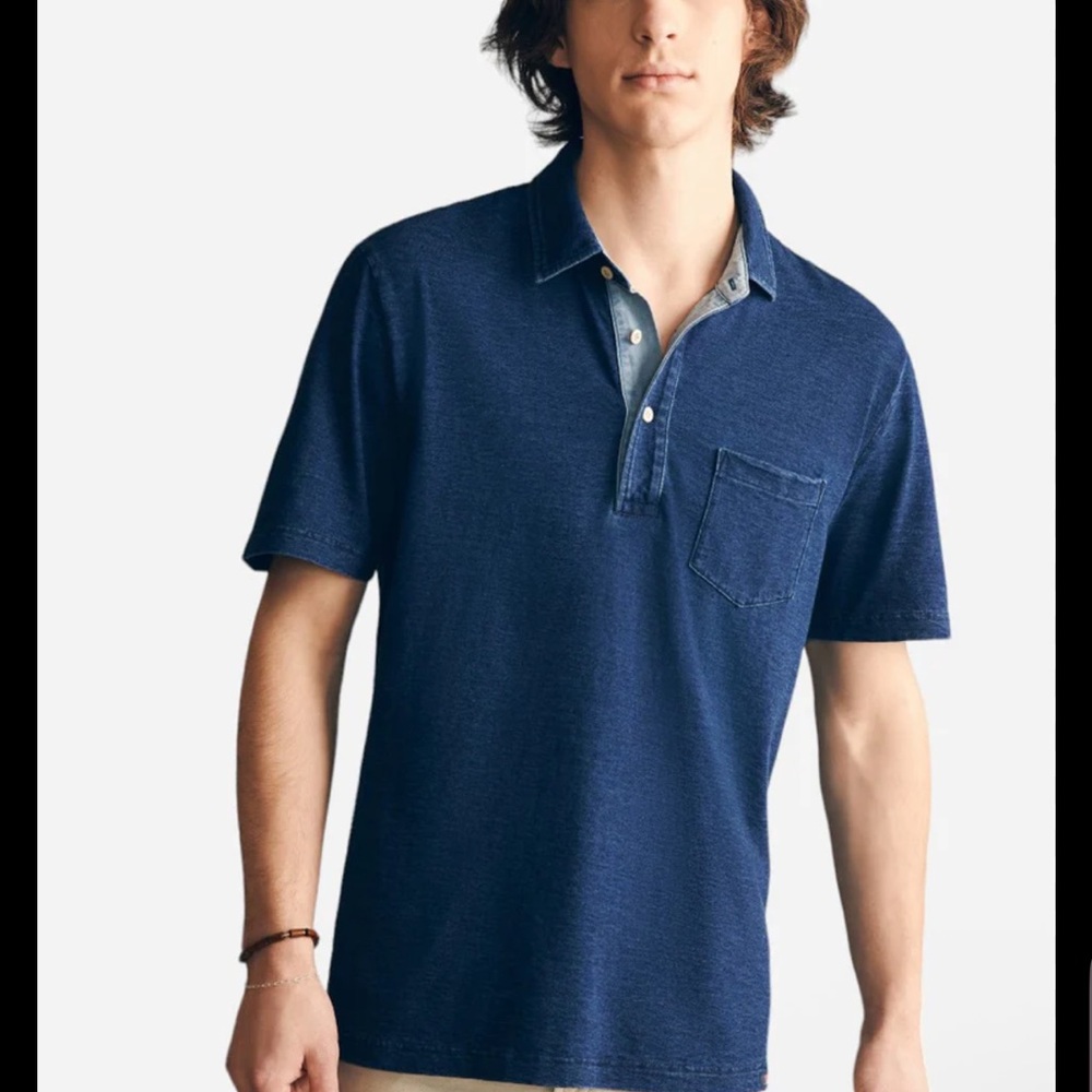 Faherty Men’s Short Sleeve Polo shirt Indigo Dyed Midnight Wash Large
